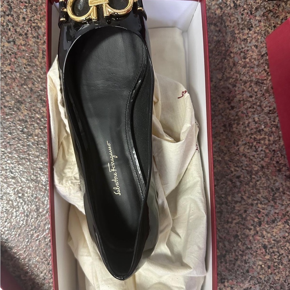 Salvatore Ferragamo Black Flats with Gold Accent